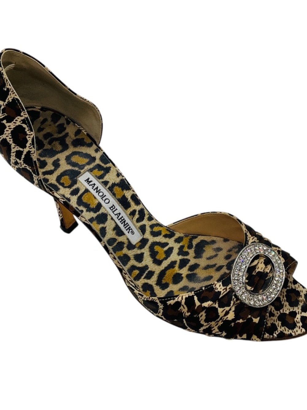 Manolo Blahnik Tan / Brown / Black Sedaraby Leopard Satin Crystal Buckle Peep To